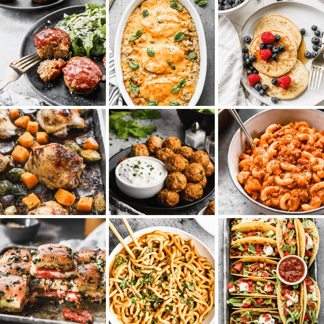 Collage of the 9 recipes highlighted in this article: mini meatloaf, chicken and rice casserole, cottage cheese pancakes, honey mustard chicken, buffalo chicken meatballs, american goulash, pizza sliders, peanut noodles, and baked tacos.