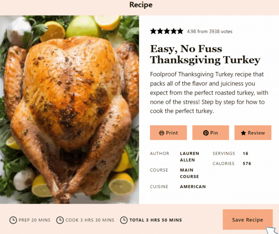 Image shows our Thanksgiving Turkey recipe card with an arrow on the save recipe button. 