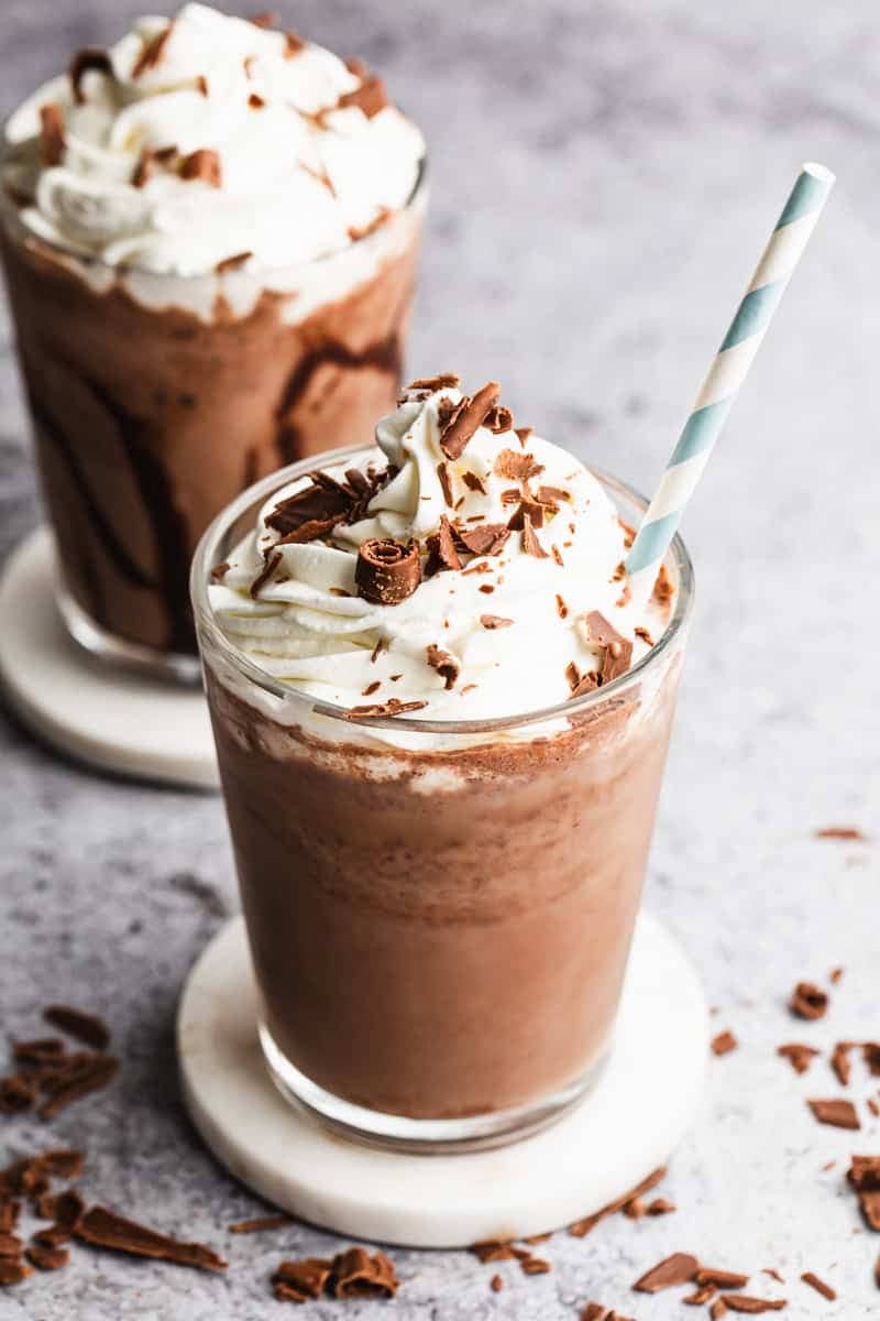 Frozen Hot Chocolate with whipped cream and chocolate shavings.