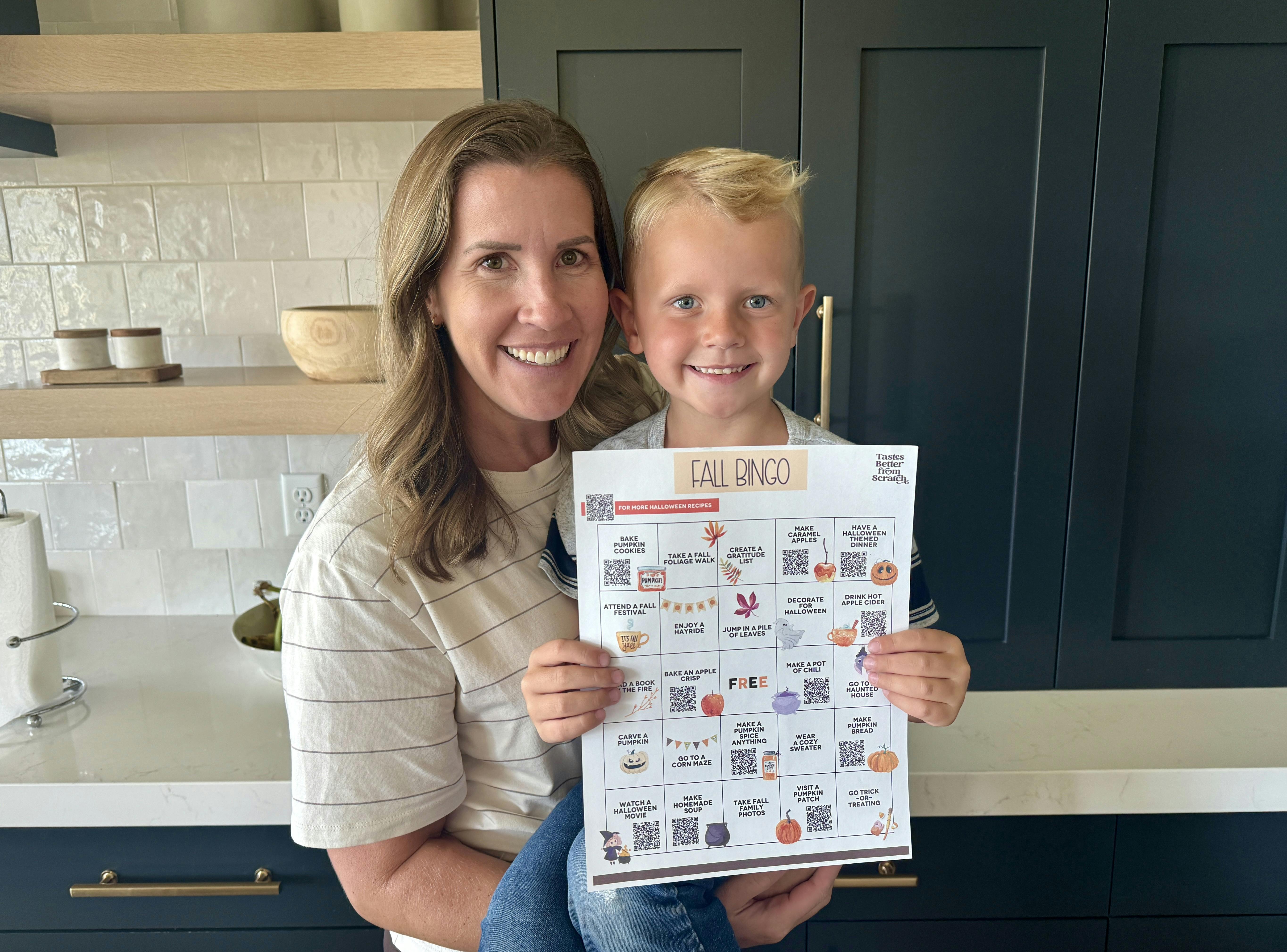 Lauren and her son with our Fall Bingo Sheet.