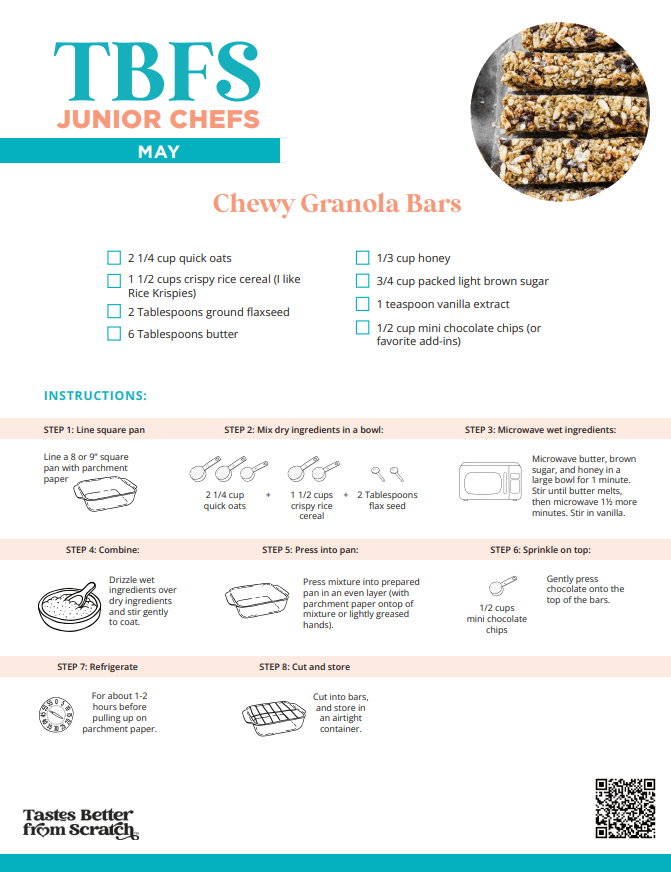 TBFS Jr Chefs Kids Picture Recipe for May. Chewy Granola Bars.
