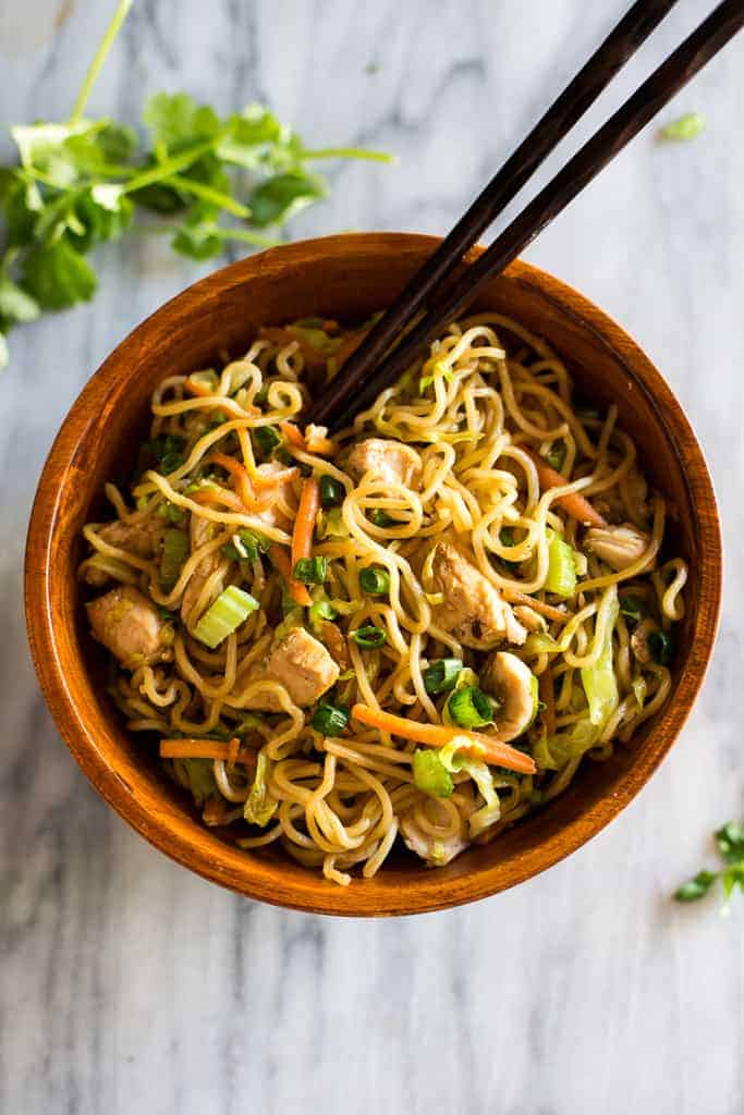Chinese Chow Mein in a wood bowl