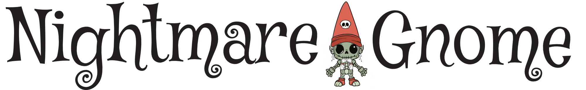 Logo spelling out Nightmare Gnome with a custom creepy gnome in between the words