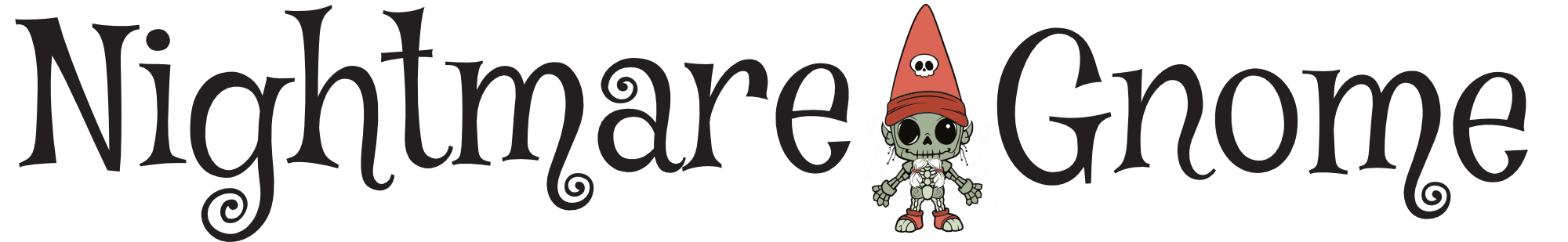 Logo spelling out Nightmare Gnome with a custom creepy gnome in between the words