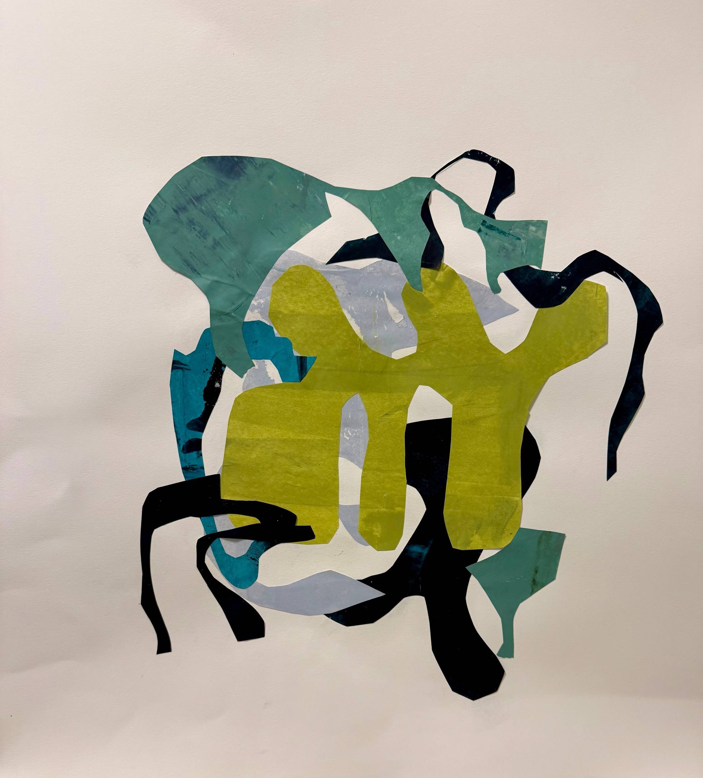 abstract collage with strange shapes and colors are dark blue and lime green