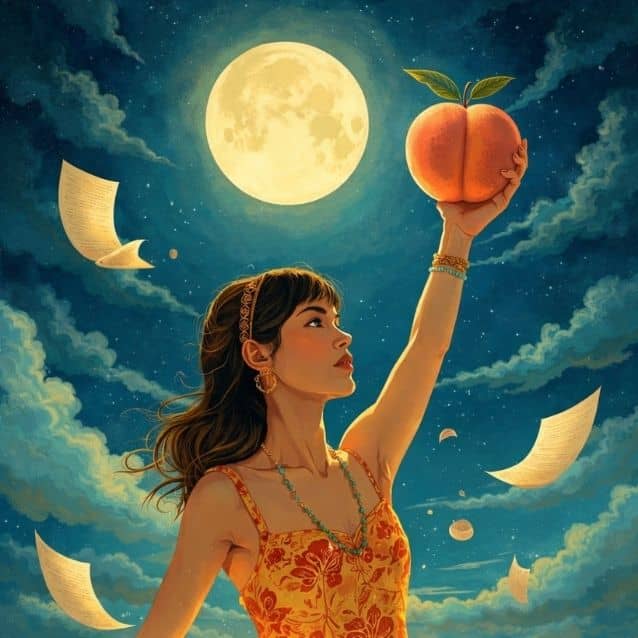 A woman holds a peach up toward a full moon while manuscript pages flutter around her.