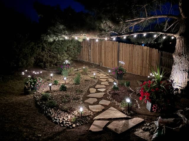 a xeriscaped garden at night lit by string lights and pathway lights