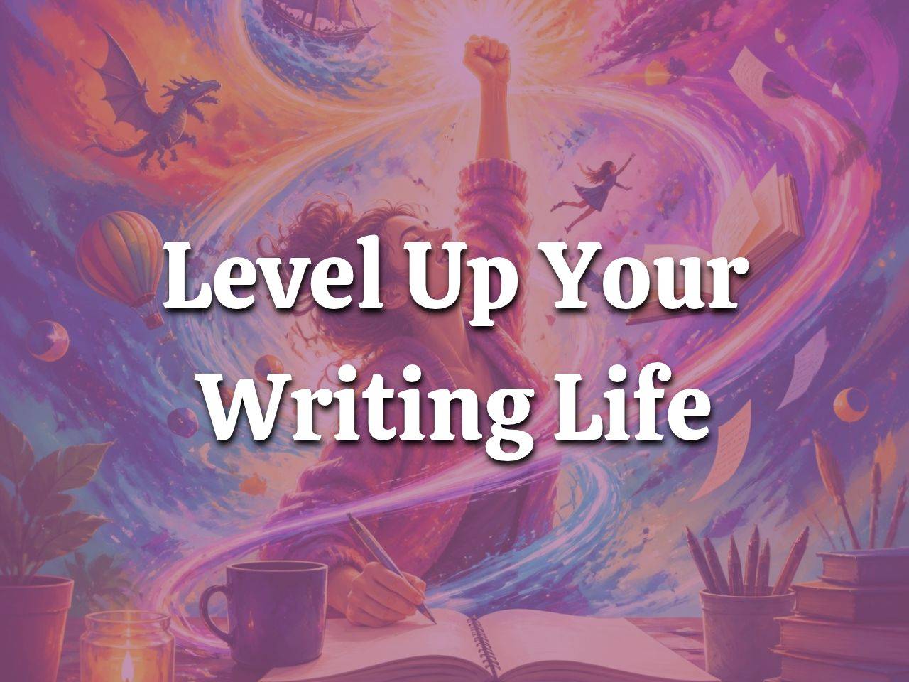 A woman with fist raised in the air and a lot of fun swirling story ideas. Level Up Your Writing Life!