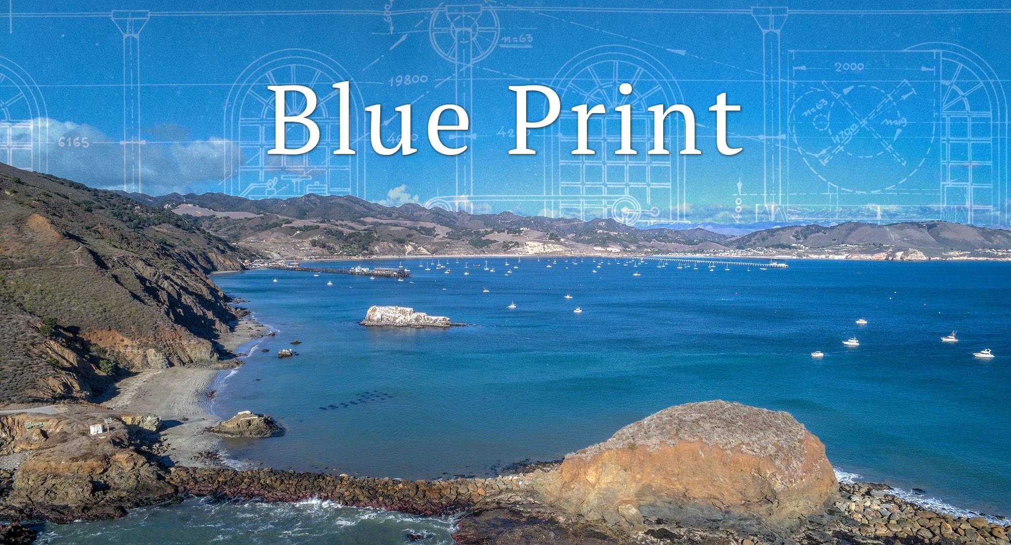 Blue Print title over California coast
