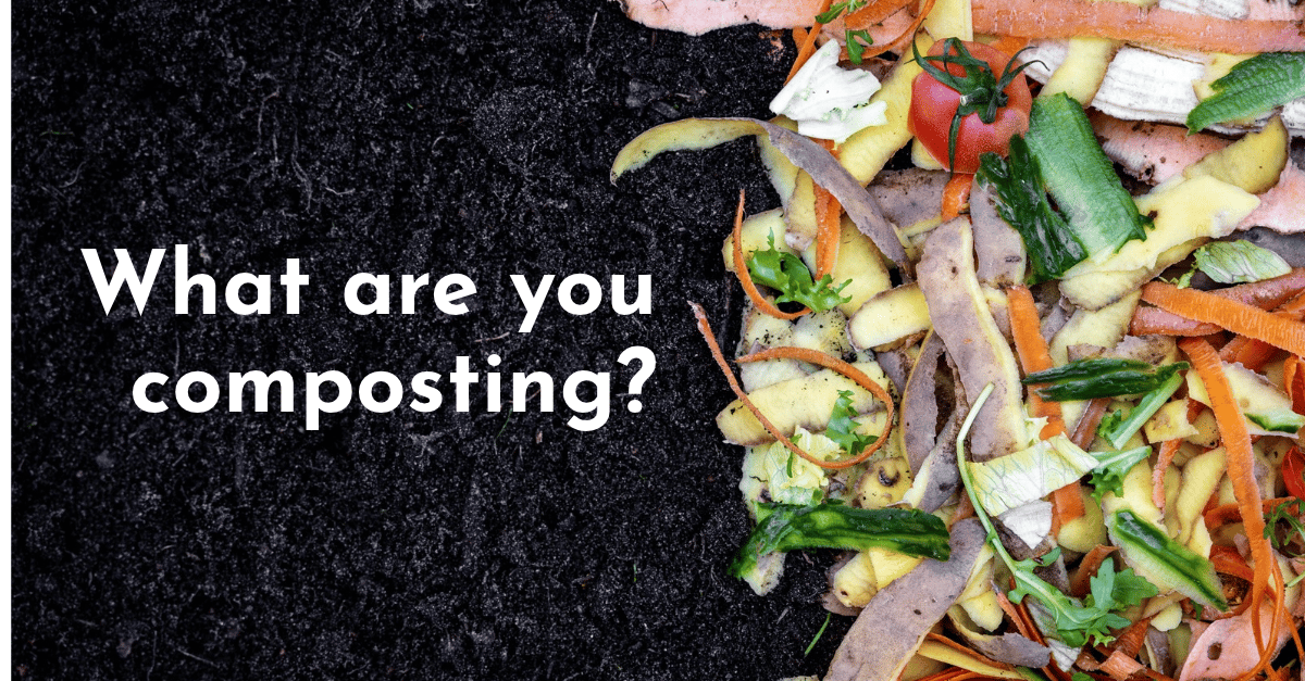 What are you composting? text over dark soil on the left, veggie scraps on the right