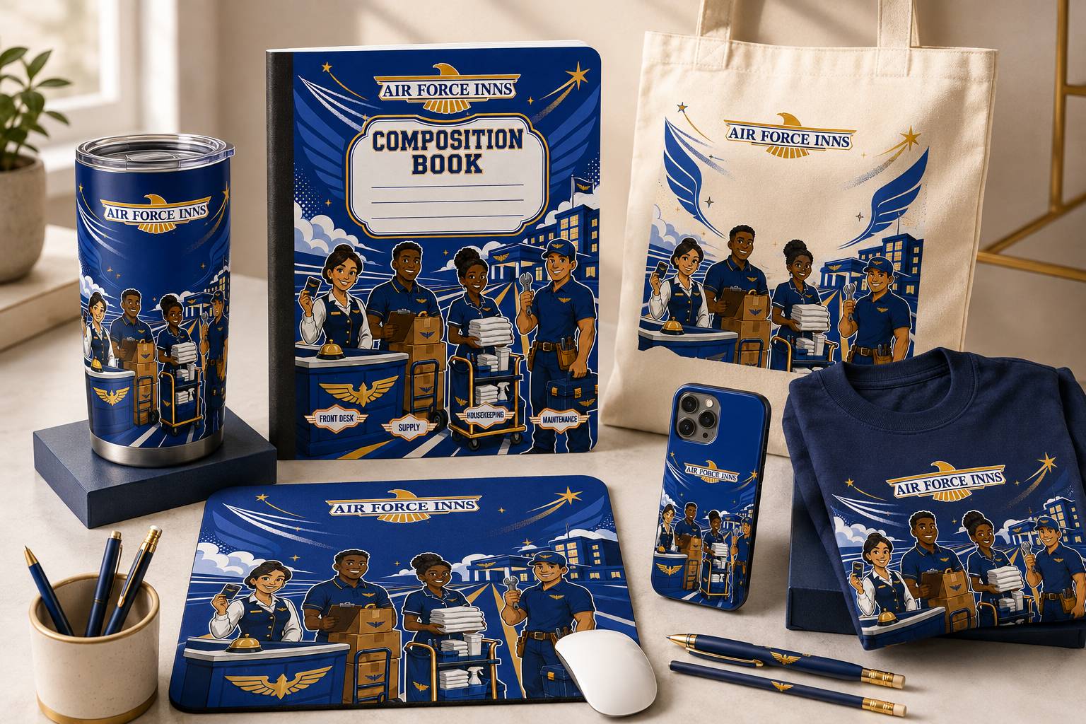 Full product mockup: tumbler, tote, mousepad, phone case, sweatshirt, and composition book, all built from the same logo