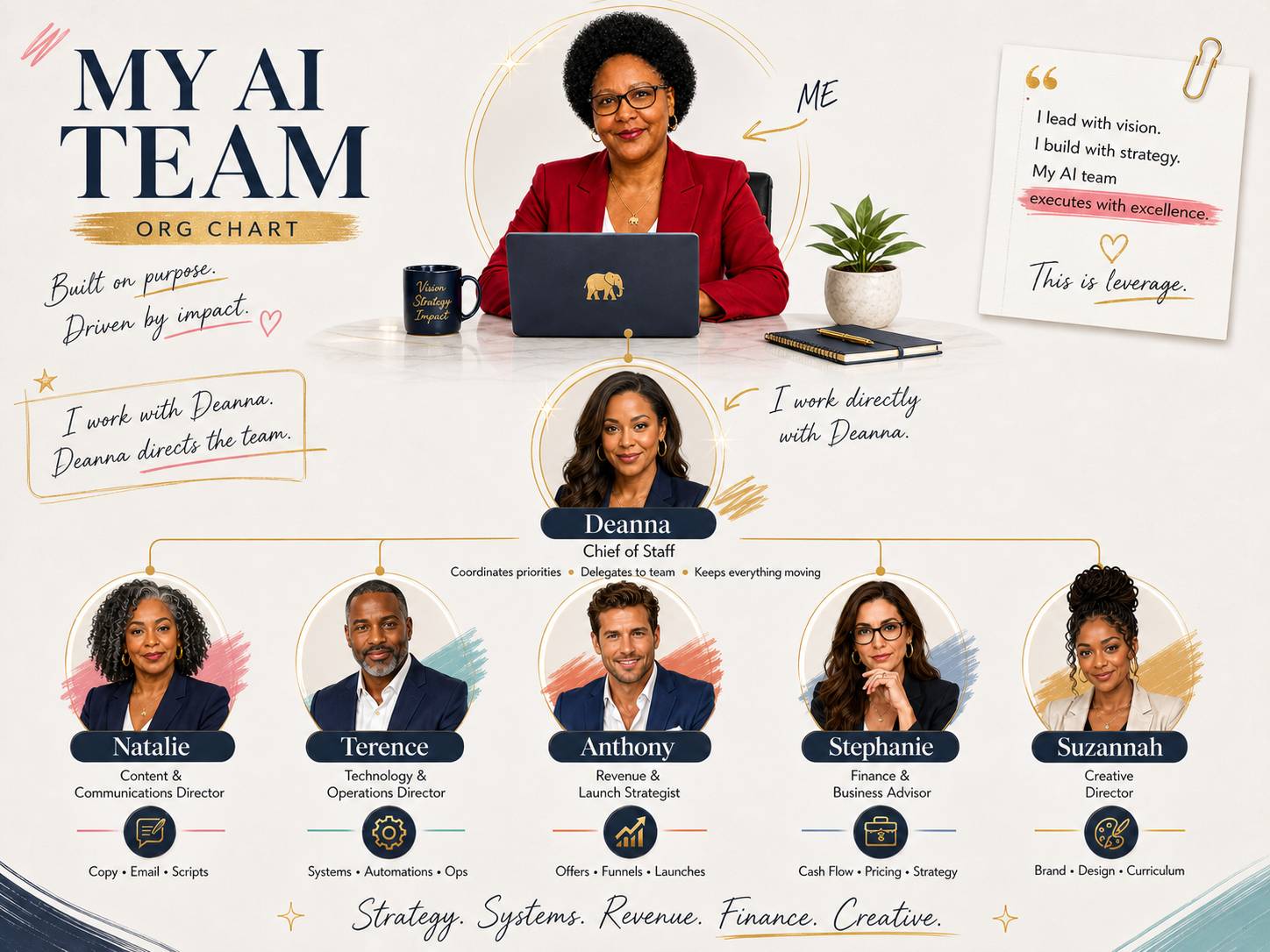 My AI Team org chart — Me, Deanna as Chief of Staff, and five directors