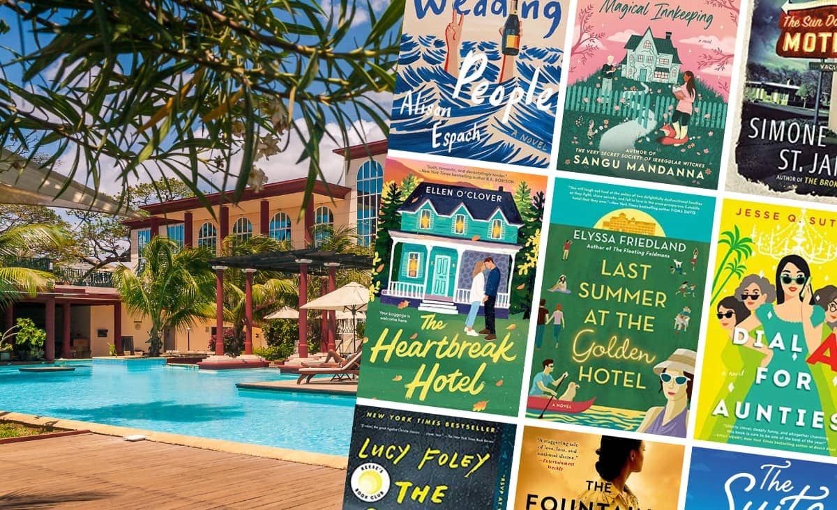 books set in hotels collage with resort image