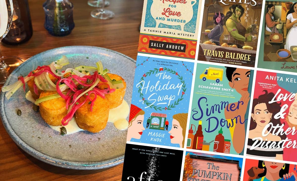 food fictions books collage with plate of food