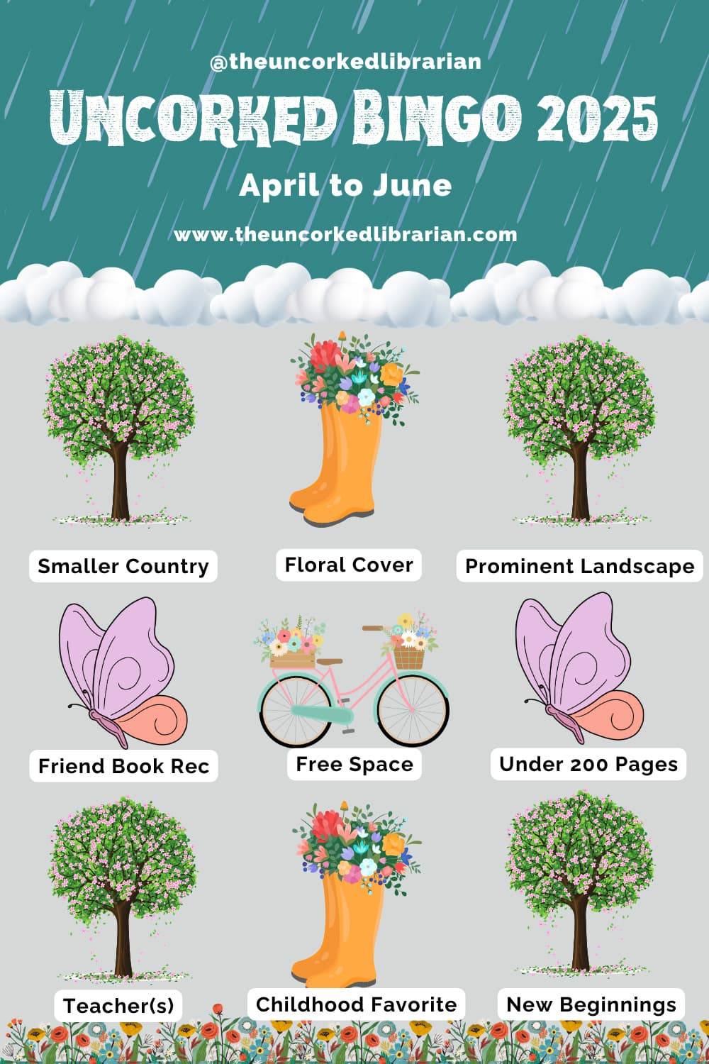 Spring 2025 Reading Bingo Card themes on bottom