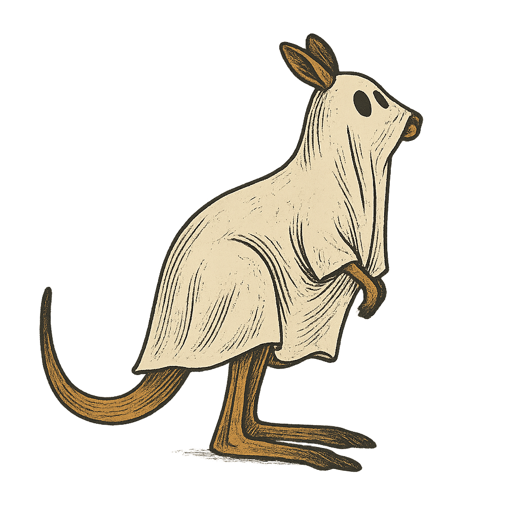 Mixtape style kangaroon wearing a sheet like it's dressed as a ghost for halloween