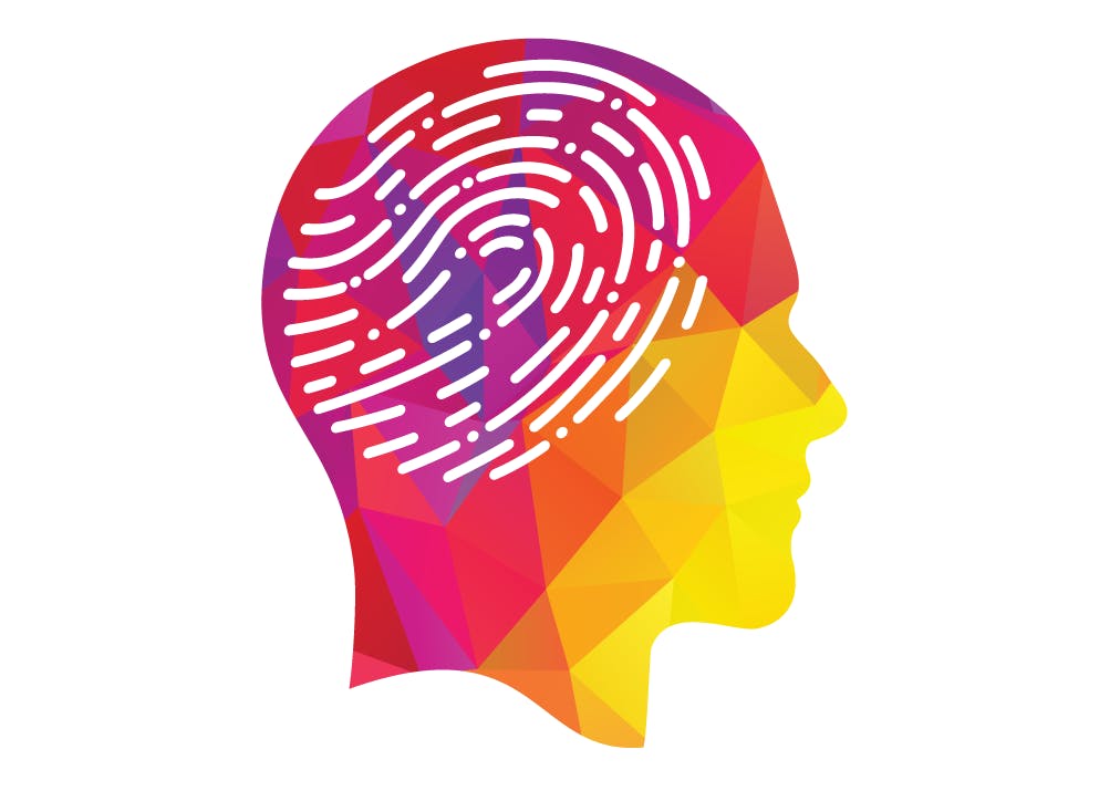 Illustration of human head with warm colored triangle pattern, superimposed on head is a fingerprint.