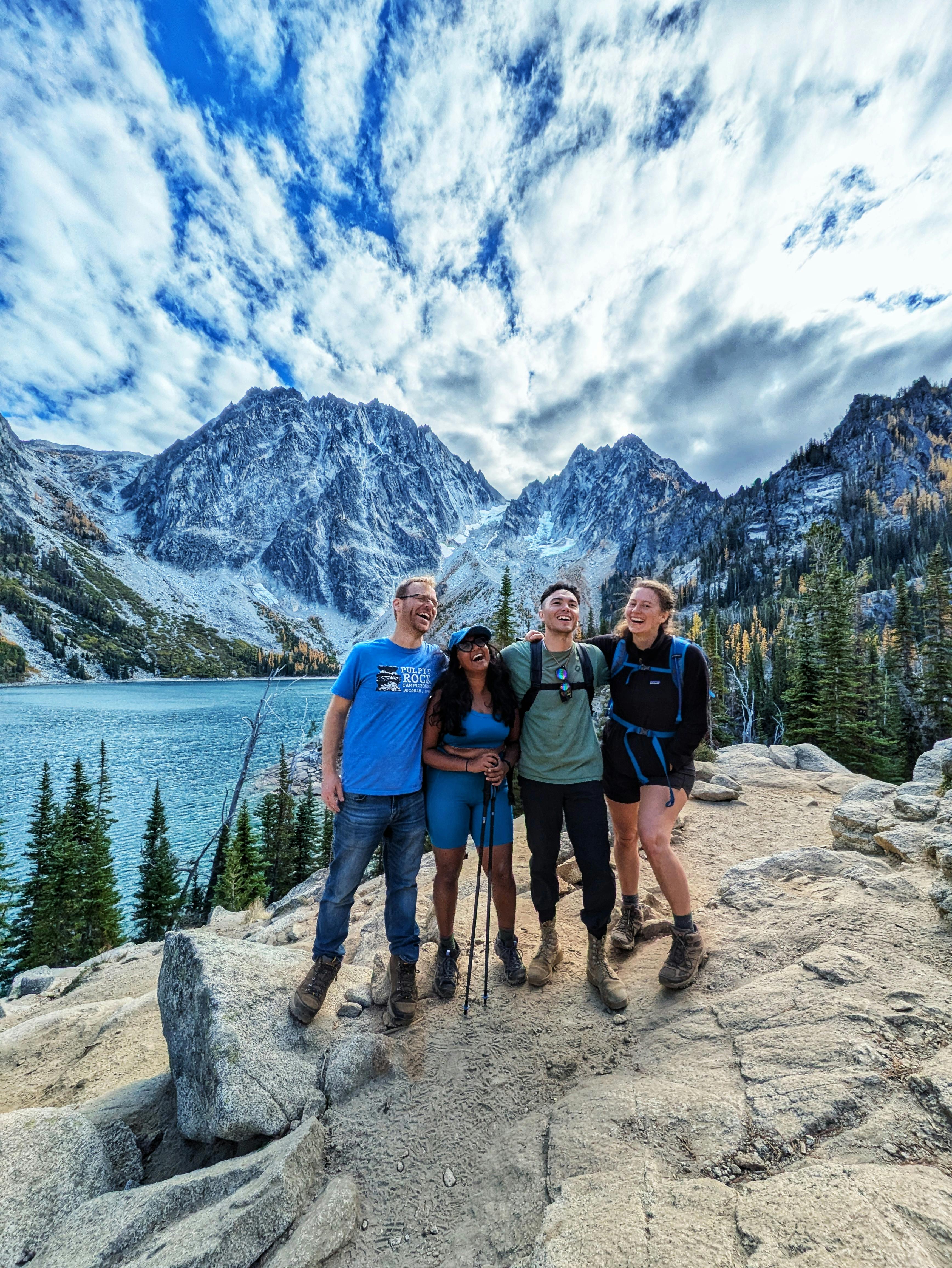 Neil, Nivi, Xavaar, and Sophie in front of Colchuk Lake