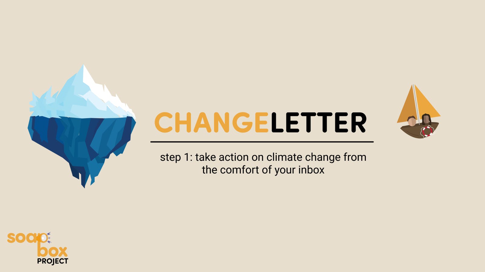 Changeletter banner with an iceberg and a lil boat. Step 1: take action on climate change from the comfort of your inbox.