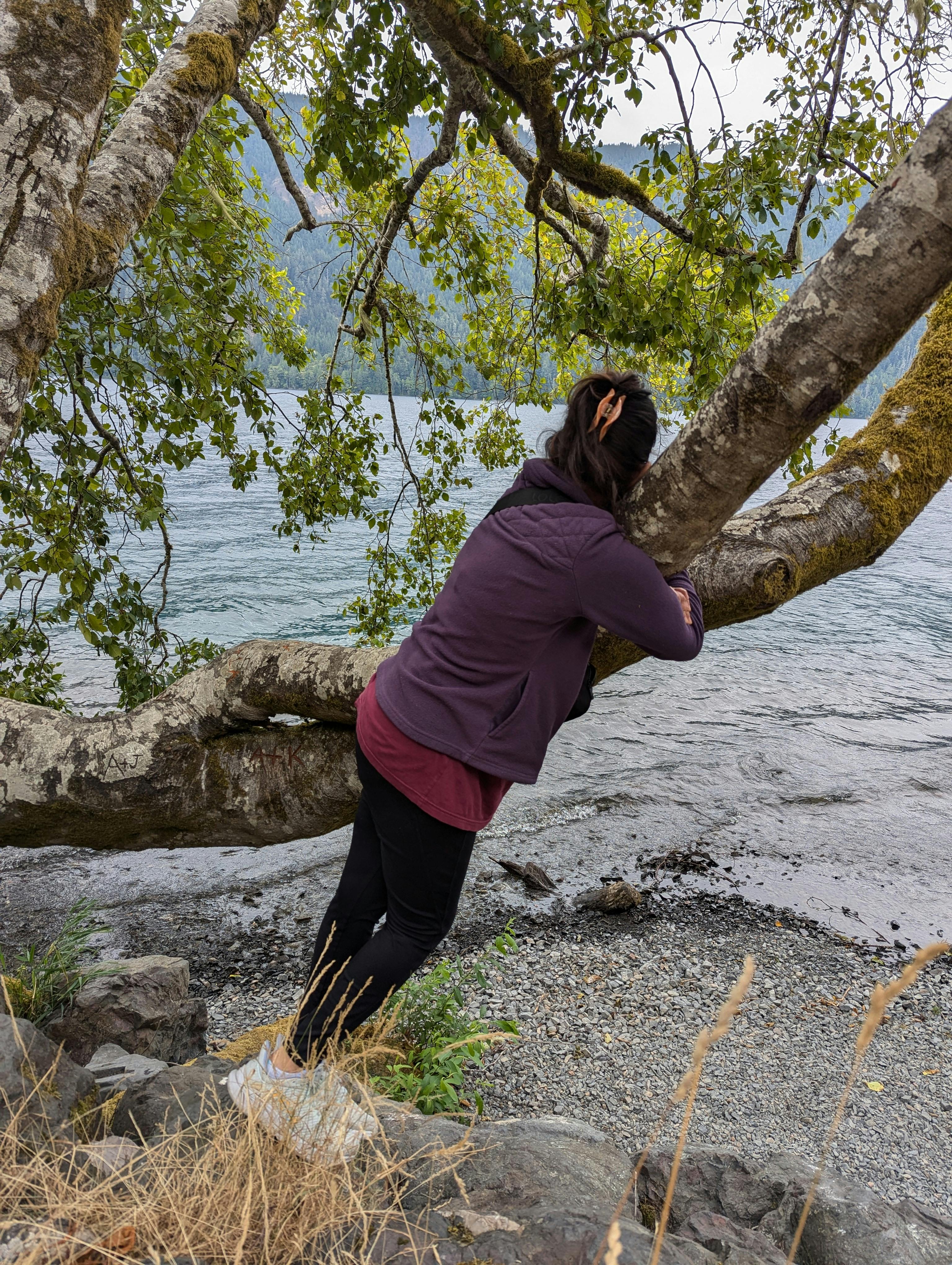 Nivi's mom wearing a purple jacket hugging a tree that overlooks a lake