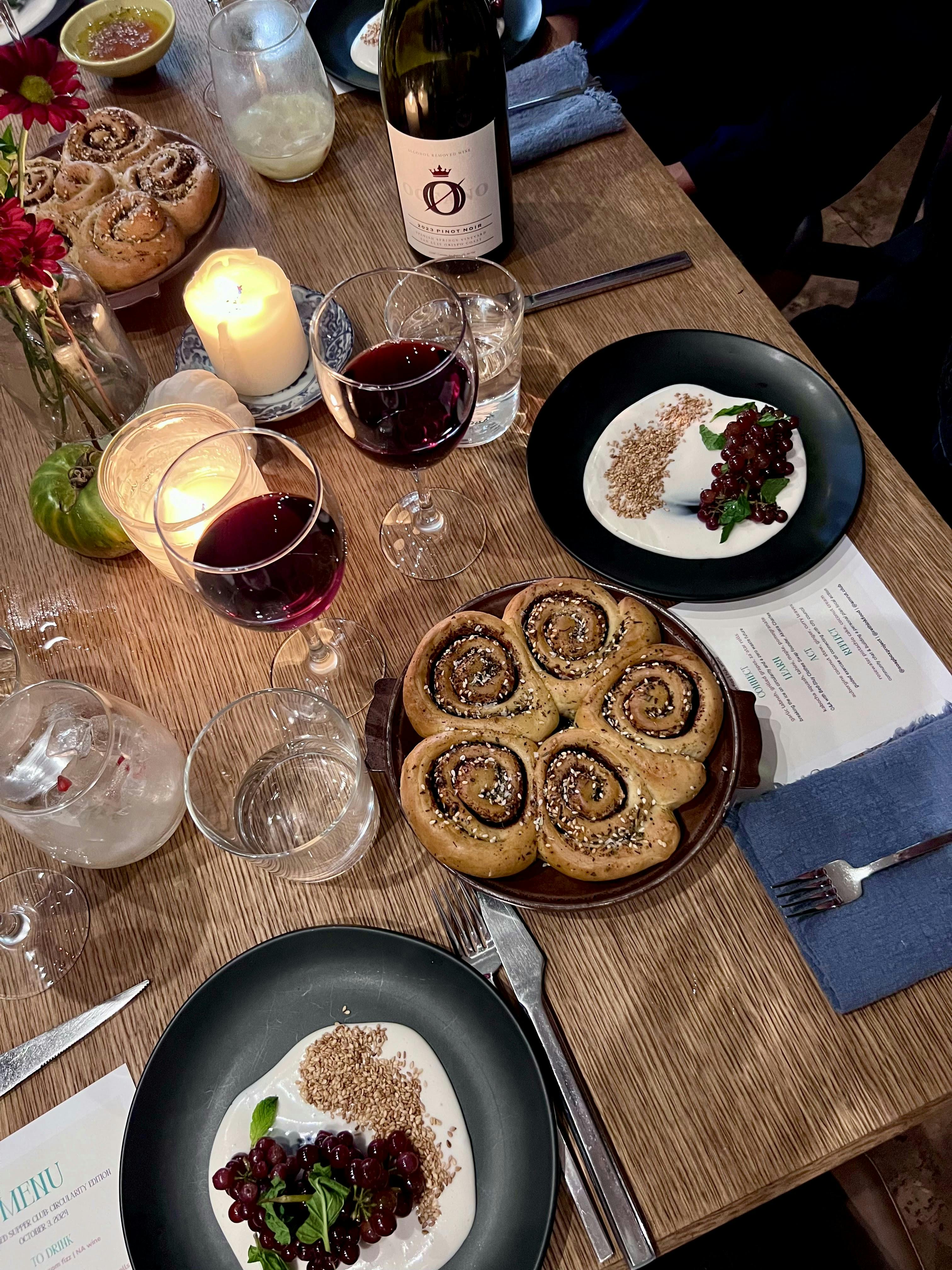 A spread of NA wine and our food for NYC supper club