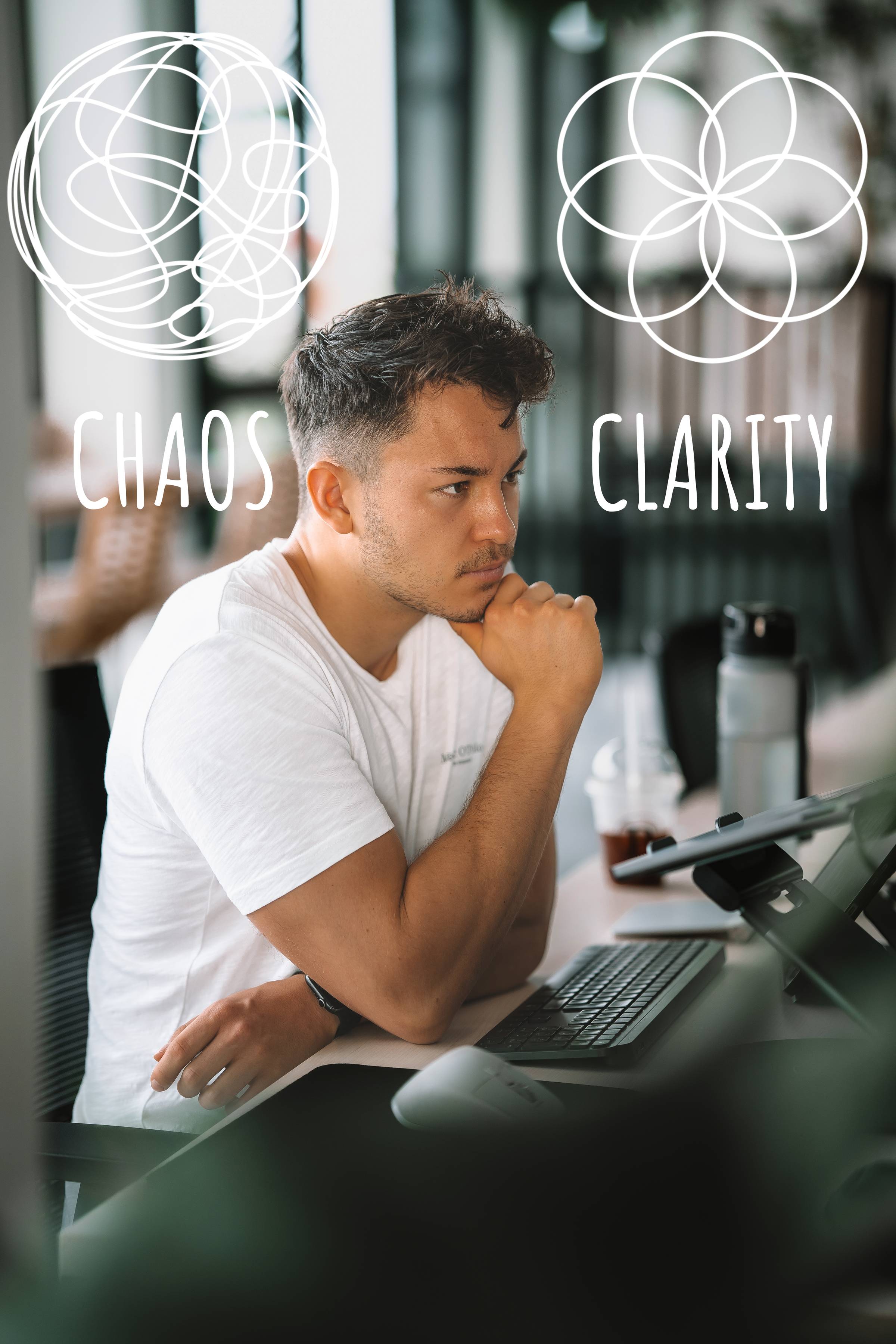 A man is sitting at a desk, looking thoughtfully at a computer screen. Above him are two illustrations: on the left, a tangled circle labeled "Chaos," and on the right, a neatly arranged circle pattern labeled "Clarity." A keyboard, mouse, and drink are visible on the desk. The scene suggests a contrast between disorder and focus.