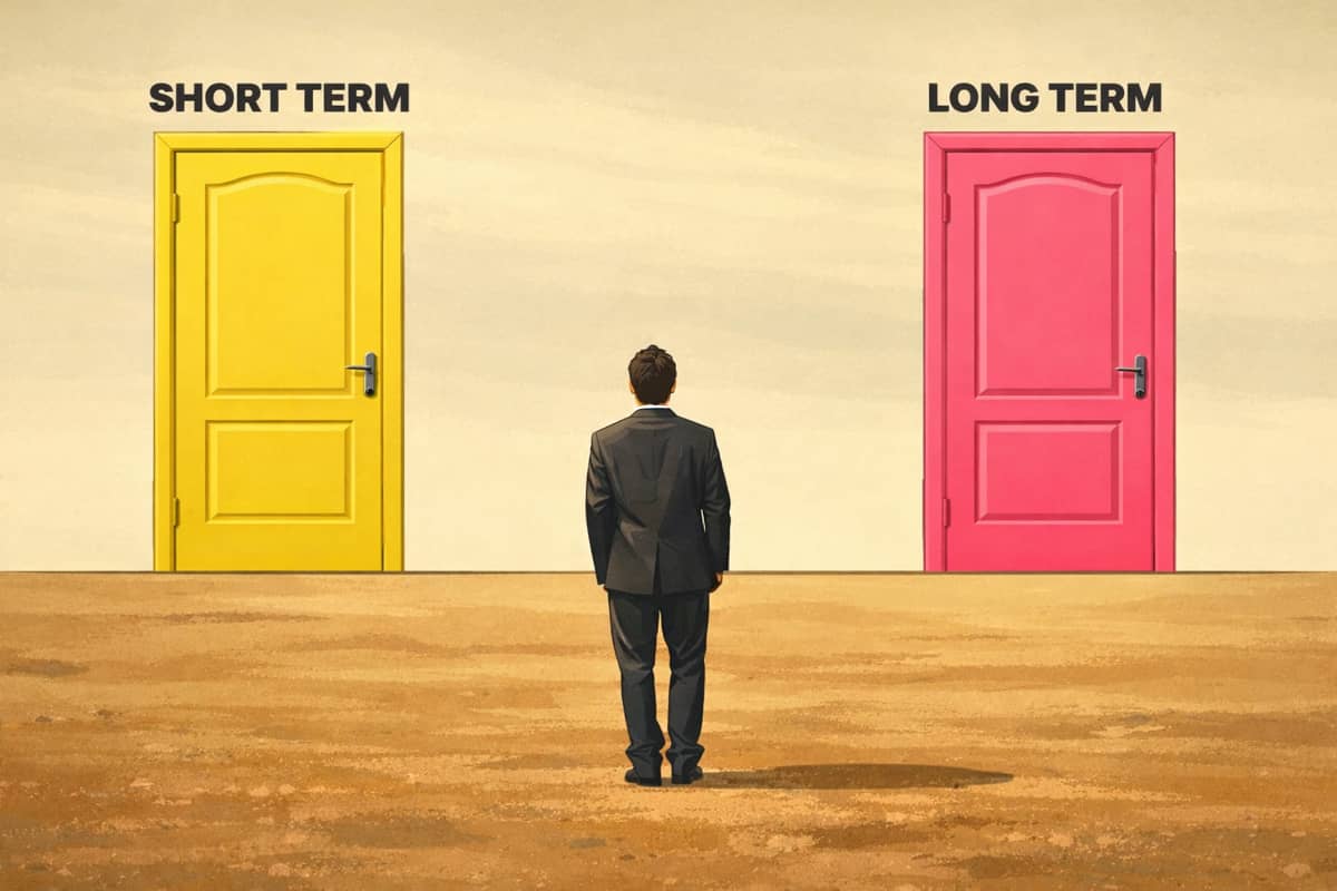 A man standing at the front of two doors, one that says instant gratification and the other that says delayed gratification