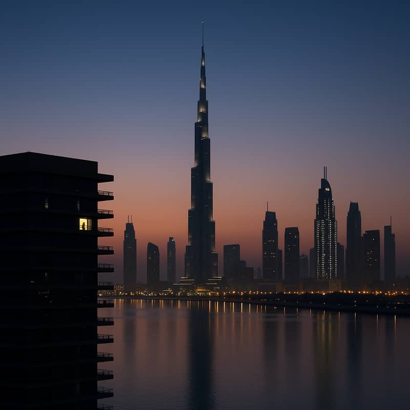 A soft morning shot of a city skyline before sunrise — a few lights on in office towers while most are still dark. In one window, a single person is already moving.