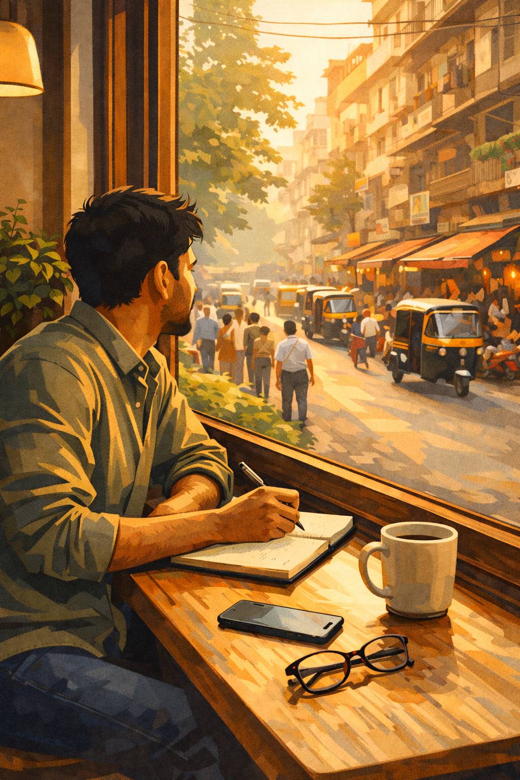 A stylised illustration of a founder sitting alone in a quiet coffee shop early in the morning, journaling by a window. Inside is calm and warm; outside is a busy Mumbai street with people and auto-rickshaws in motion. 