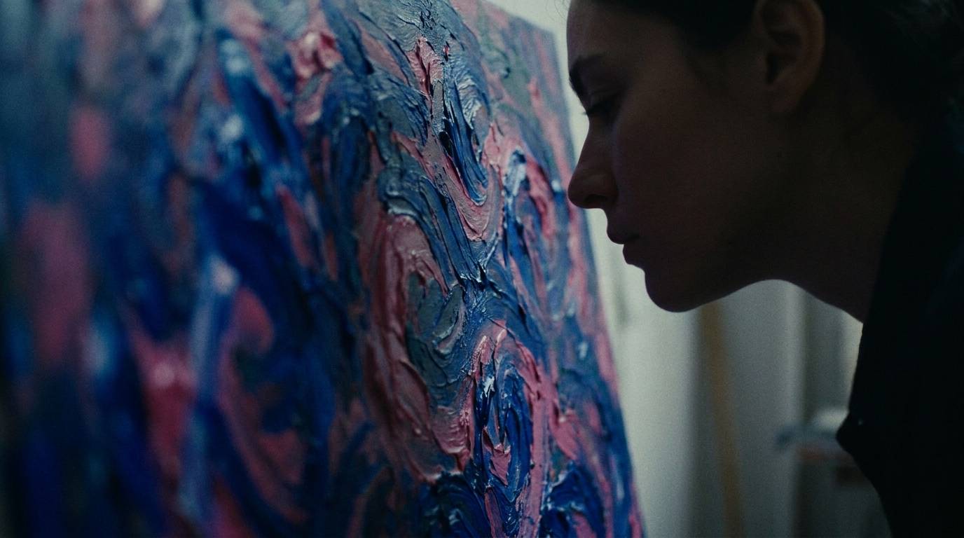 Photo of a person standing extremely close to a large canvas, face inches from the surface, able to see only a chaotic mass of thick oil brushstrokes