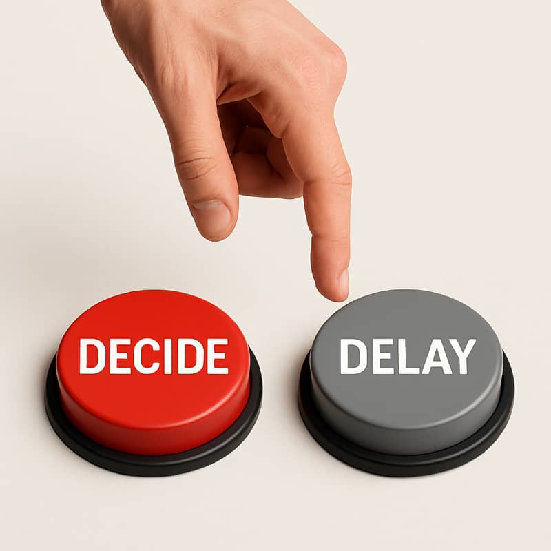 Close-up of a hand hovering over two buttons: Decide vs Delay