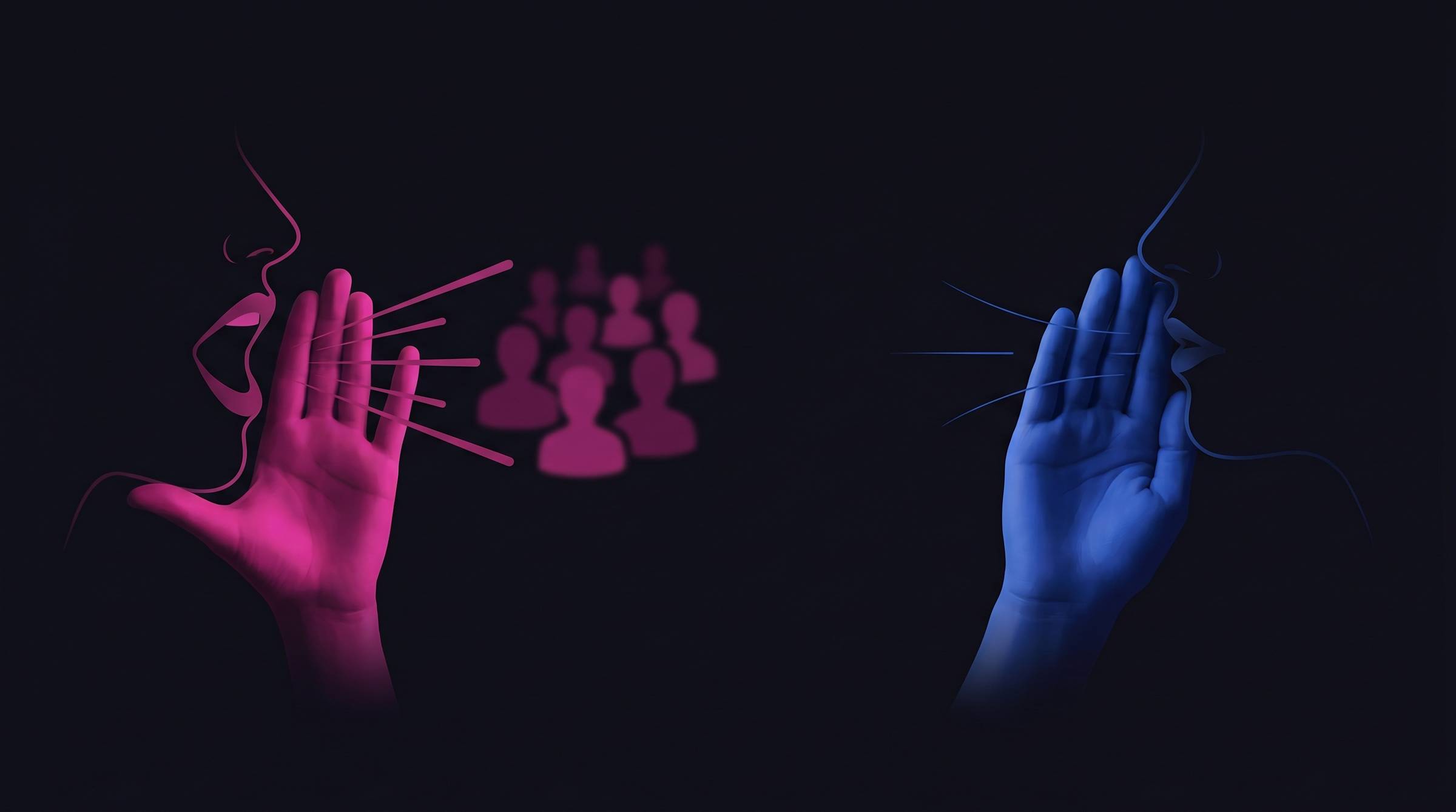 Bullet 178 Megaphone vs cupped whisper  Two hands. One forming a megaphone shape (the public praise), one cupped to the mouth mid-whisper (the private ask)