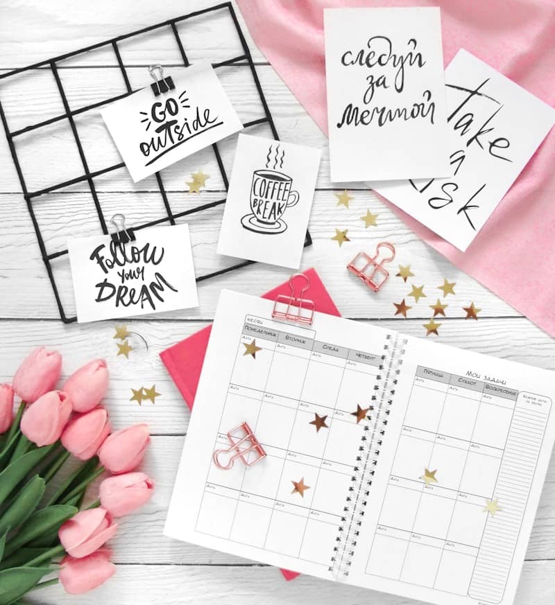Desk flat lay with tulips, planner, and inspirational notes