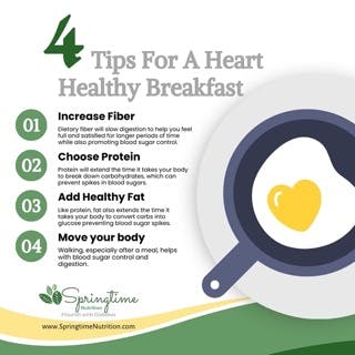 4 tips for a heart healthy breakfast- increase fiber, increase protein, add healthy fat and move your body.