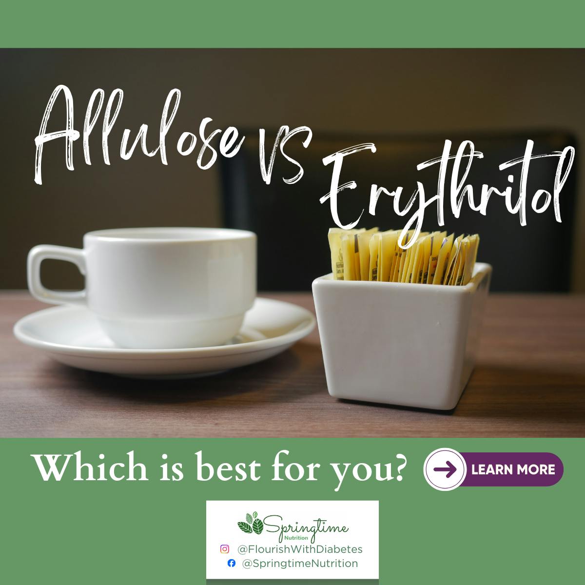 Allulose vs Erythritol, which is best for you? Learn more Green background with photo of cup of coffee.