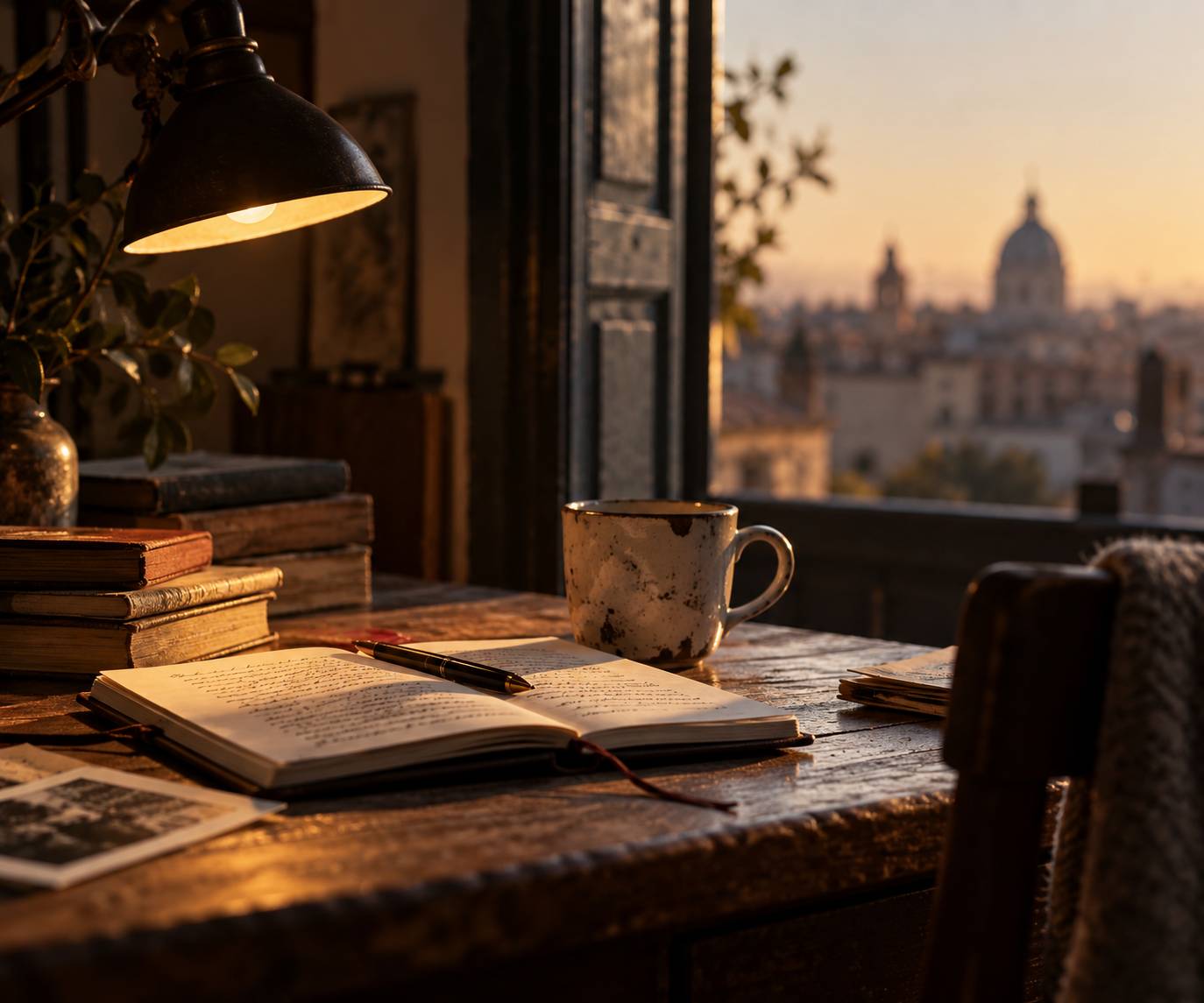 Escritorio con libreta abierta, taza de café y vista a una ciudad al atardecer