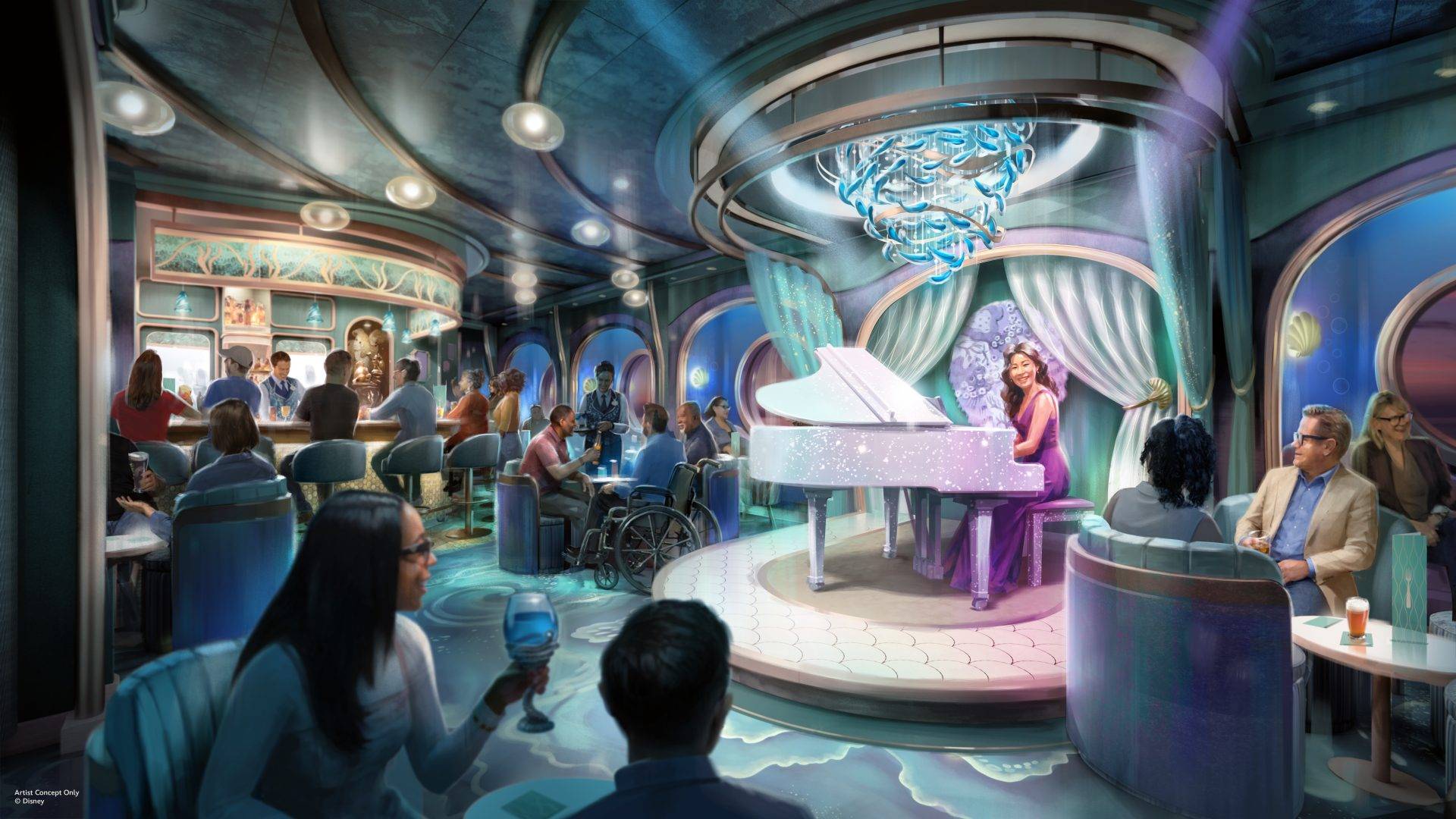 Sea Notes piano lounge concept art aboard Disney Believe. © Disney.