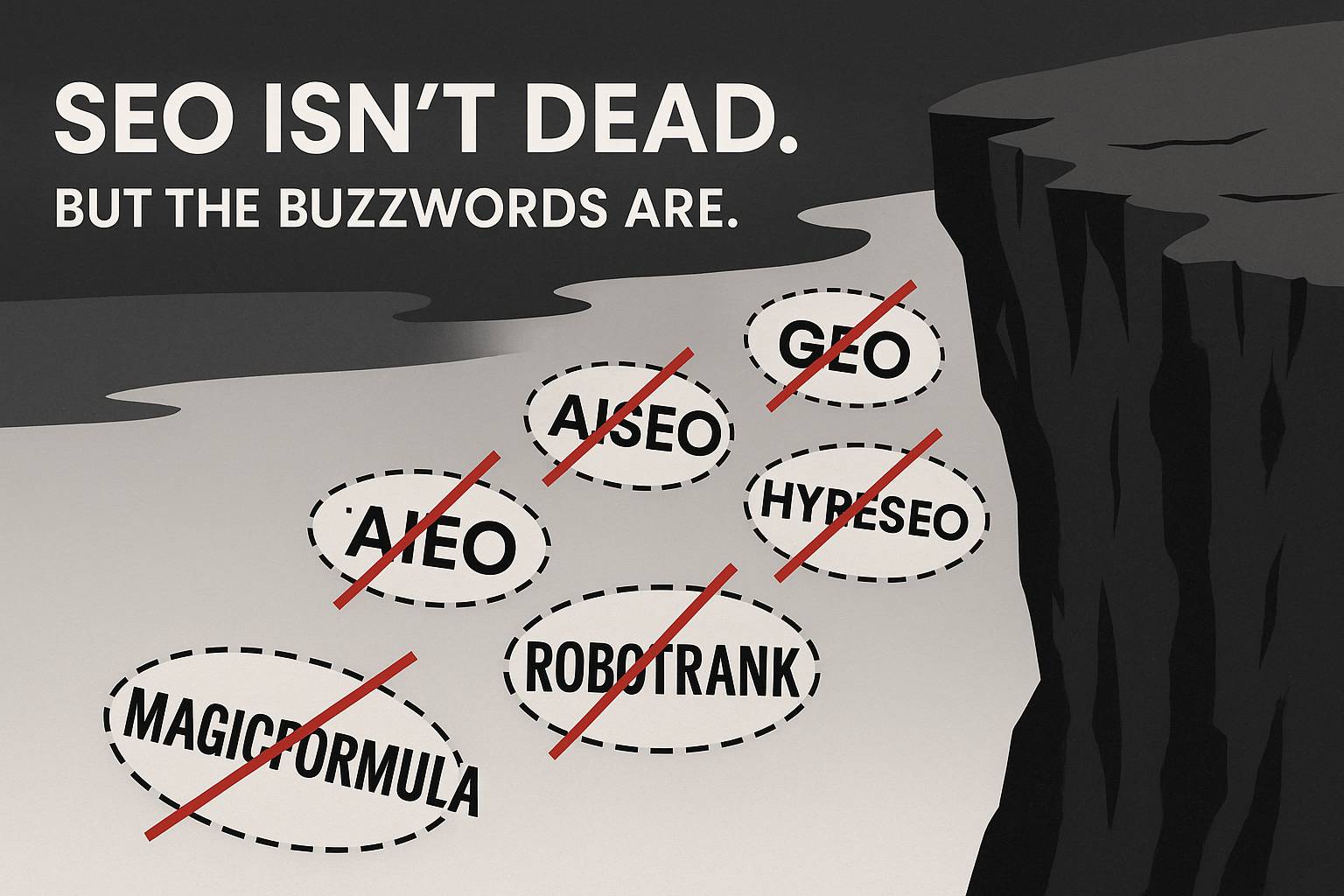 graphic of seo buzzwords falling off a dark cliff