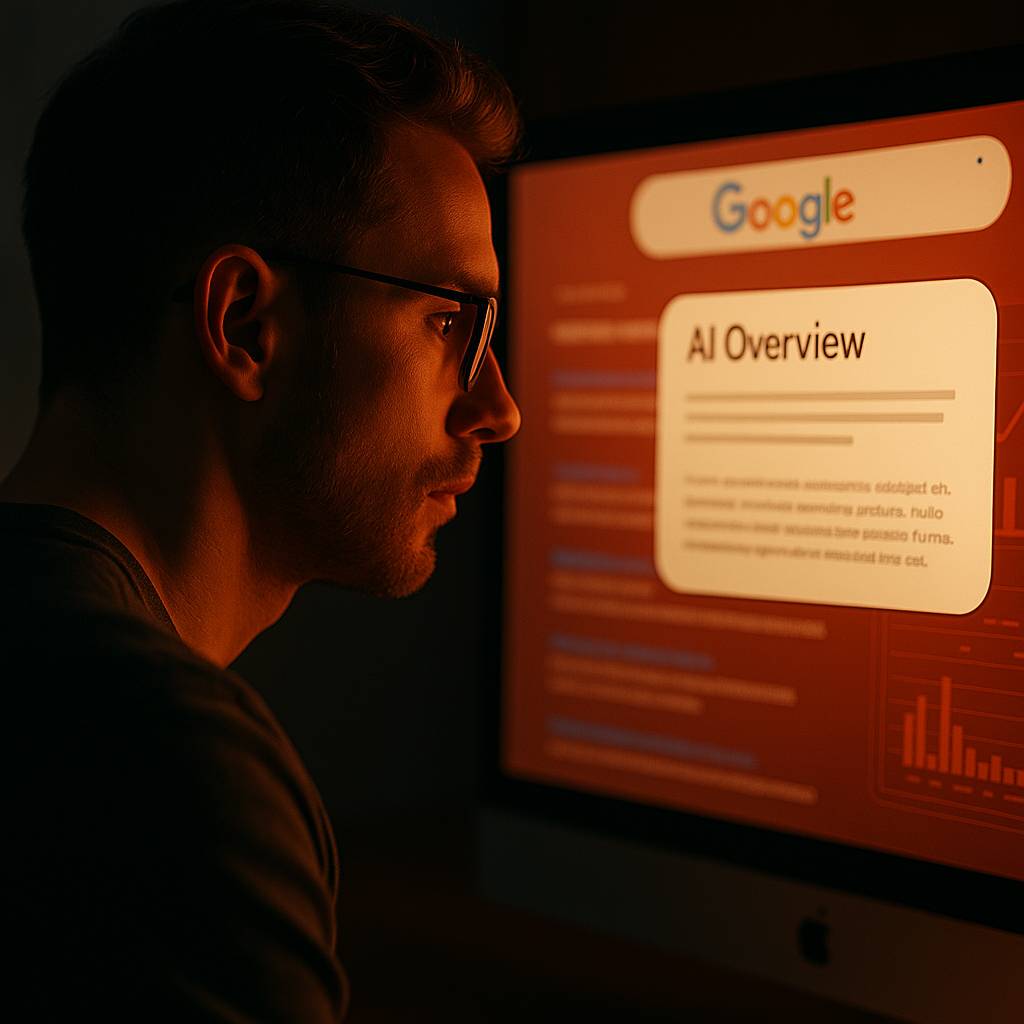 Hyper realistic image of a man searching on Google only to see the AI overview and not the websites listed.