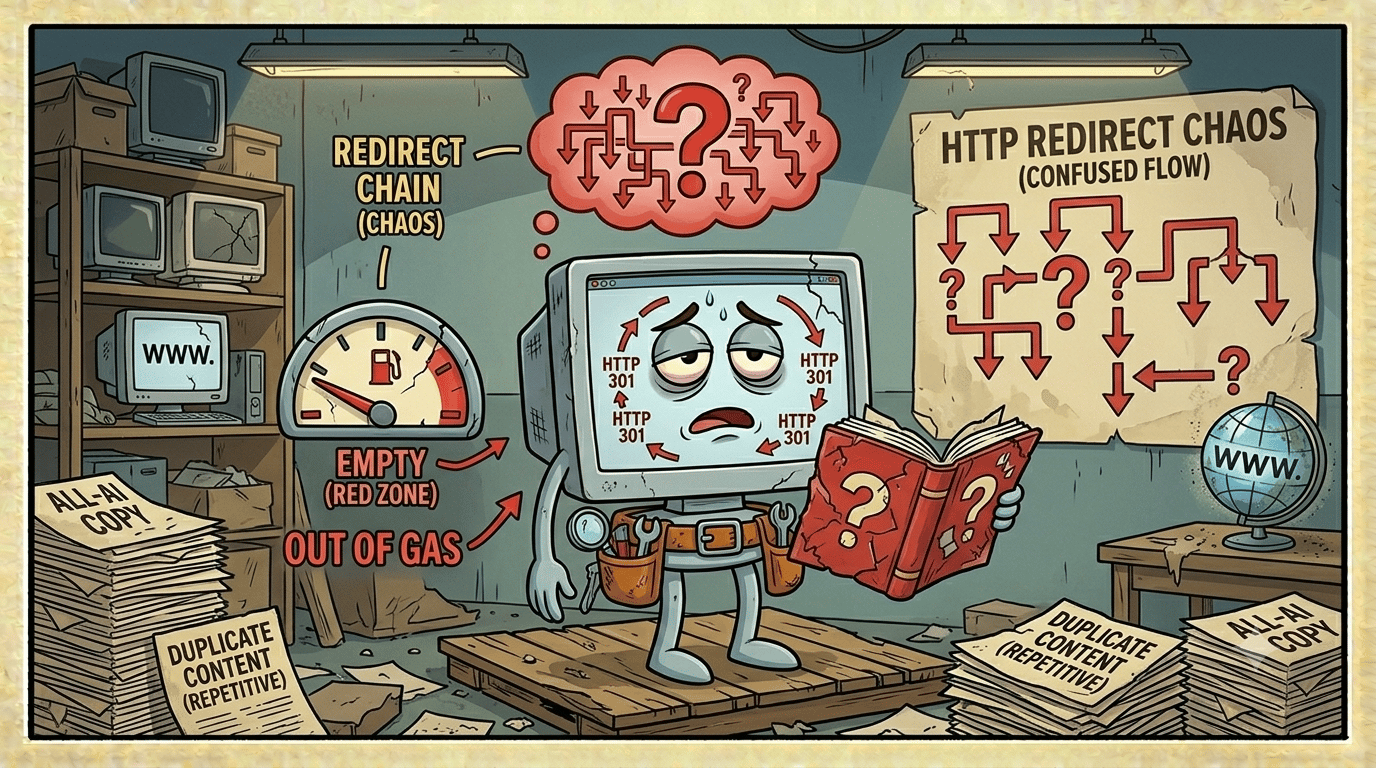 Characture of a website running out of gas due to too many 301 redirects.