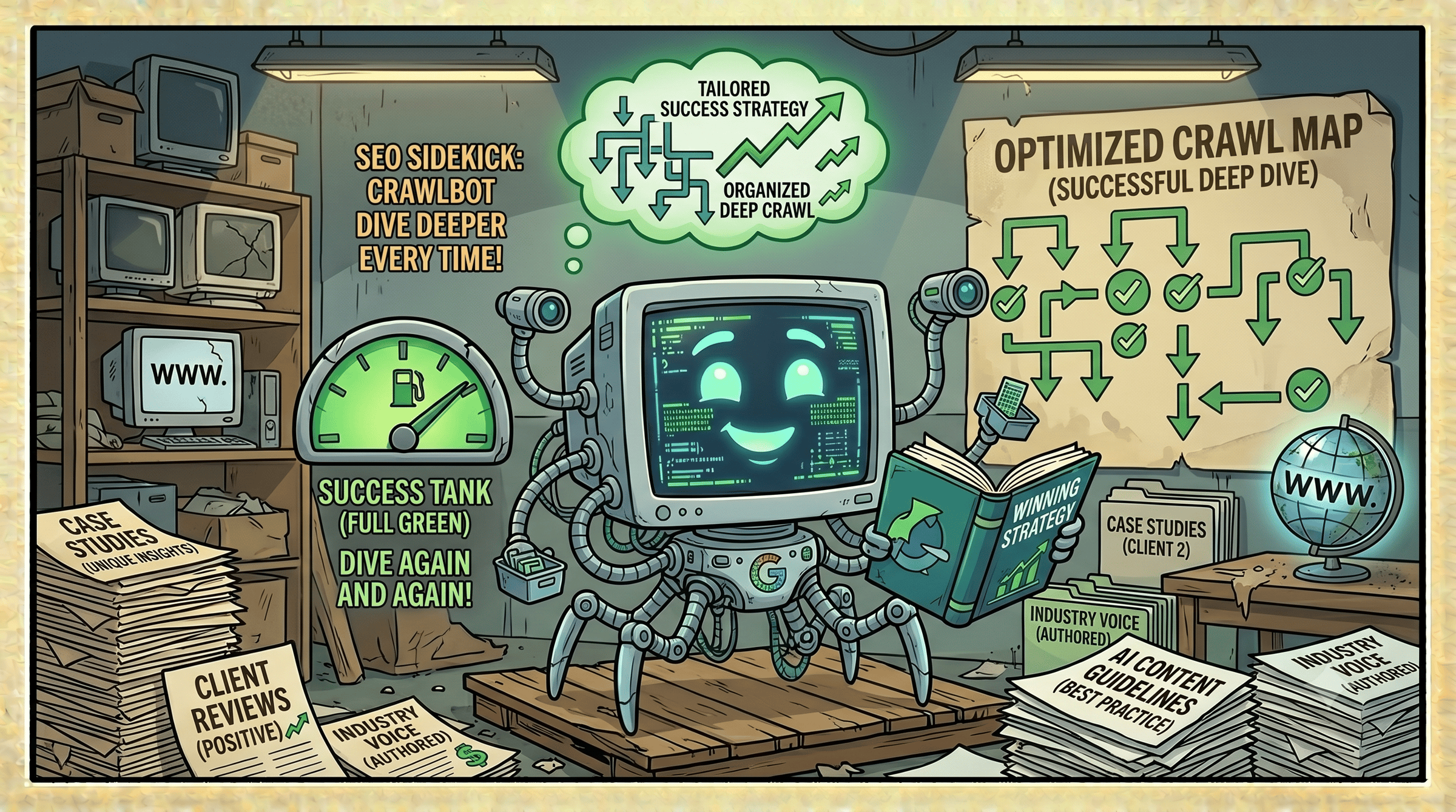 Cartoon of a happy little Googlebot crawling a well structured website.