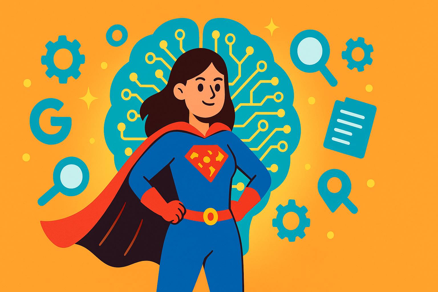 Super hero character ready to teach readers about AI search