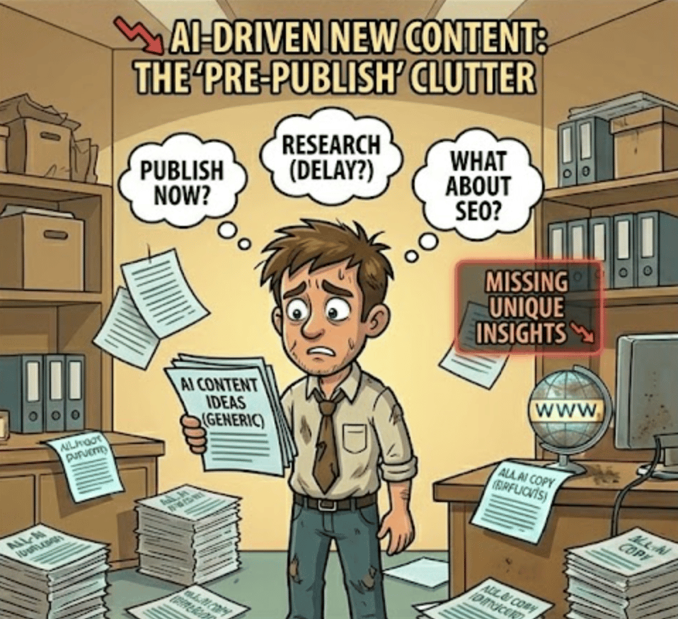Cartoon image of a business owner trying to review historical content data