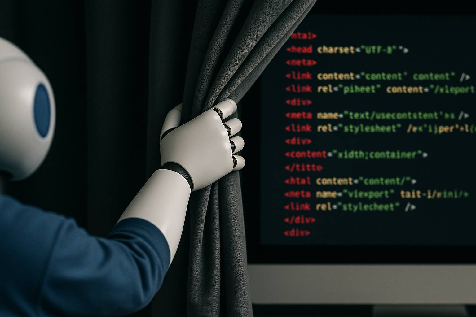 AI character showing a peak behind the curtain, revealing seo