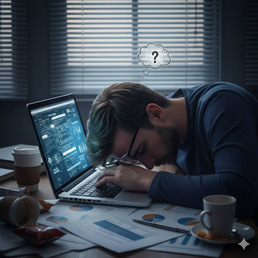 overwhelmed business owner falls asleep on his desktop