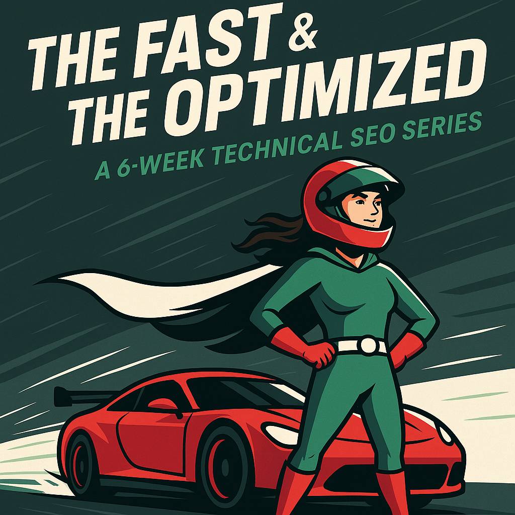 The SEO Sidekick superhero standing next to her race car