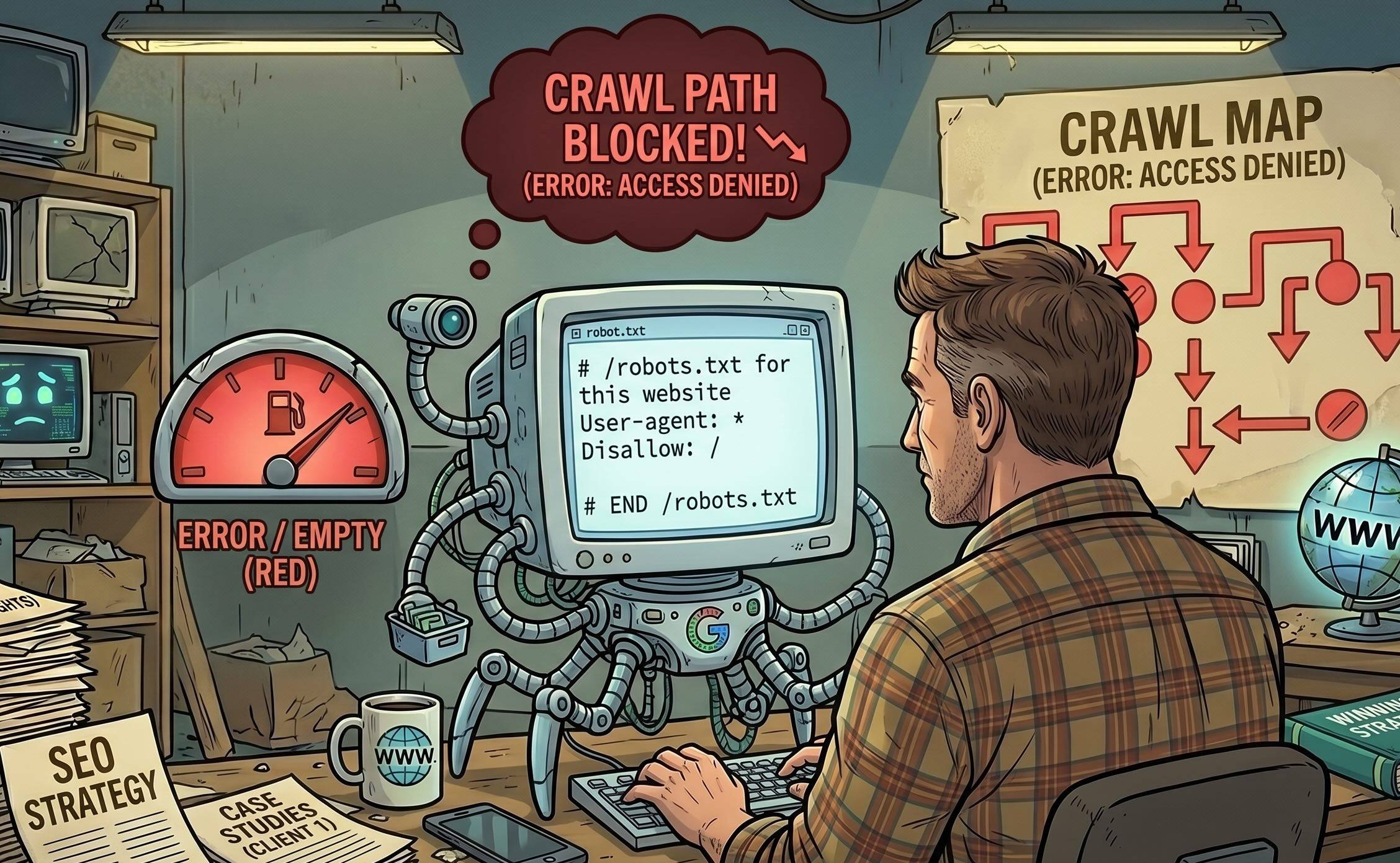 Cartoon of a business owner working on their technical seo