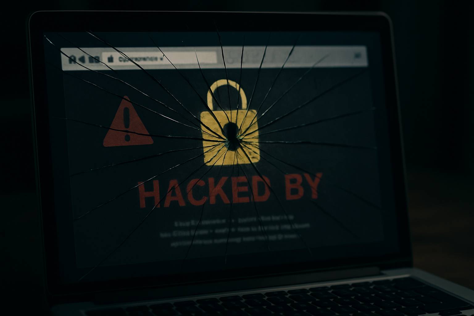image of a hacked website, showing a cracked computer screen