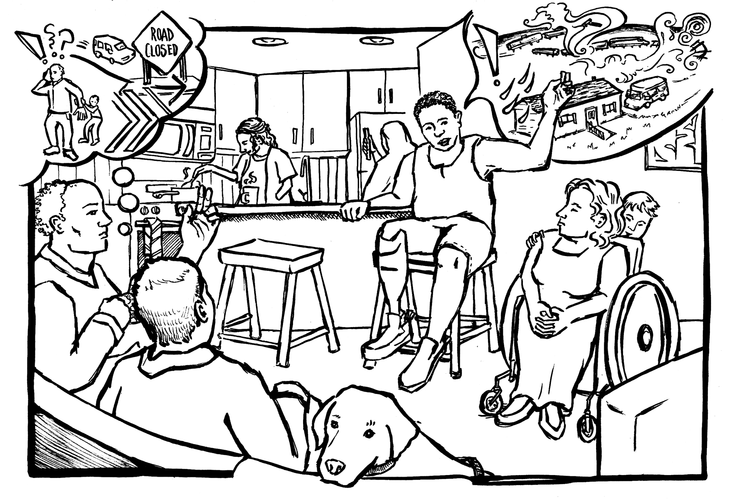 A group of people, including a man with prosthetic legs and a woman in a wheelchair, gather in a kitchen sharing stories. Two thought bubbles float above them: one shows a flood, damaged houses, and a road-closed sign; the other shows a house threatened b