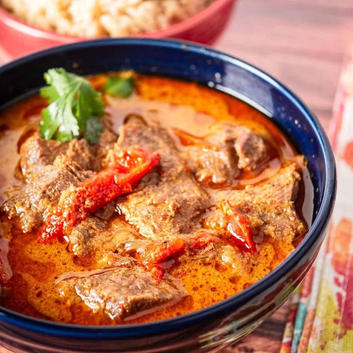 A bowl of Thai red beef curry